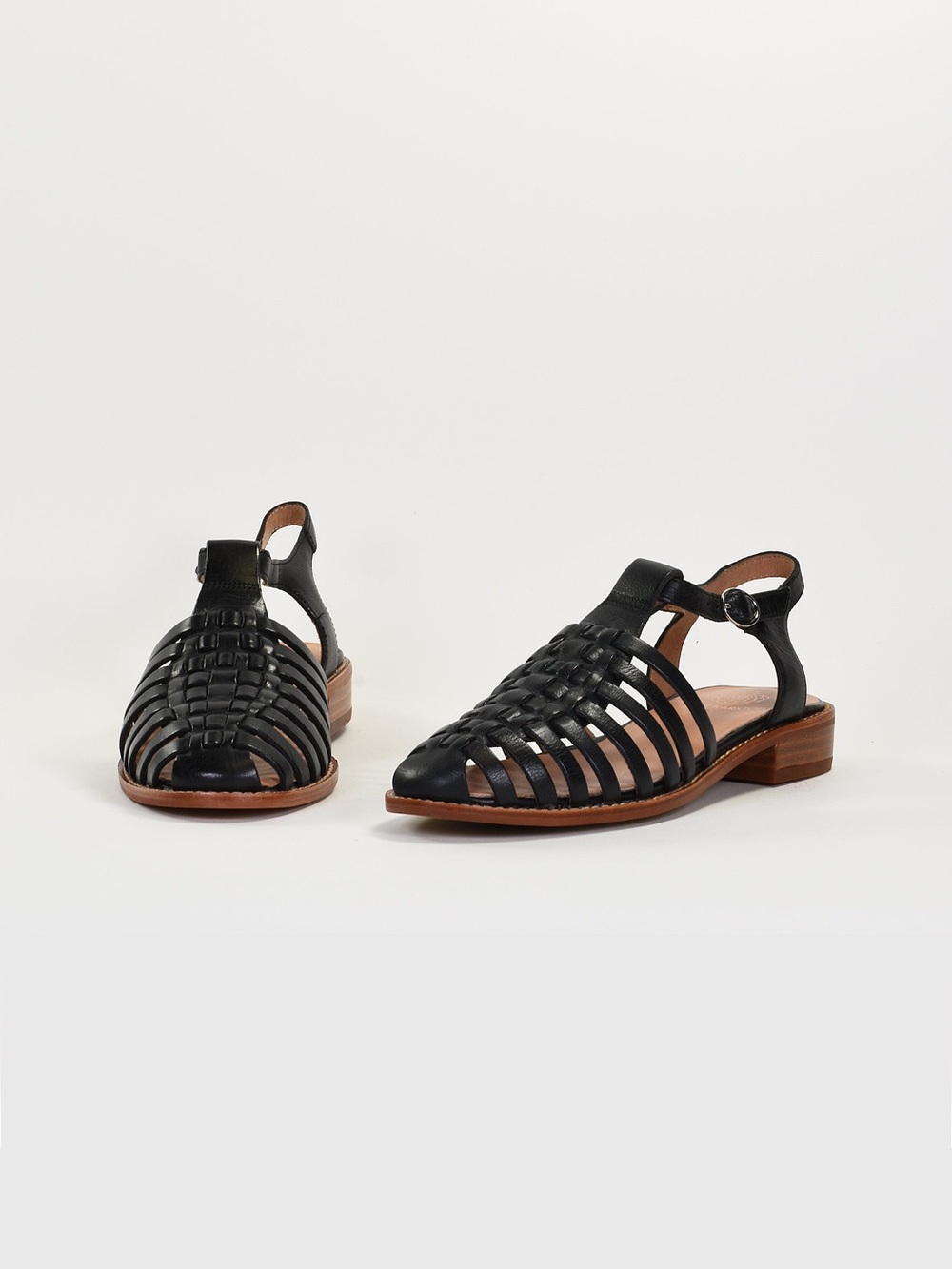 Bocage Women’s Black Woven Leather Ankle-Strap Sandals